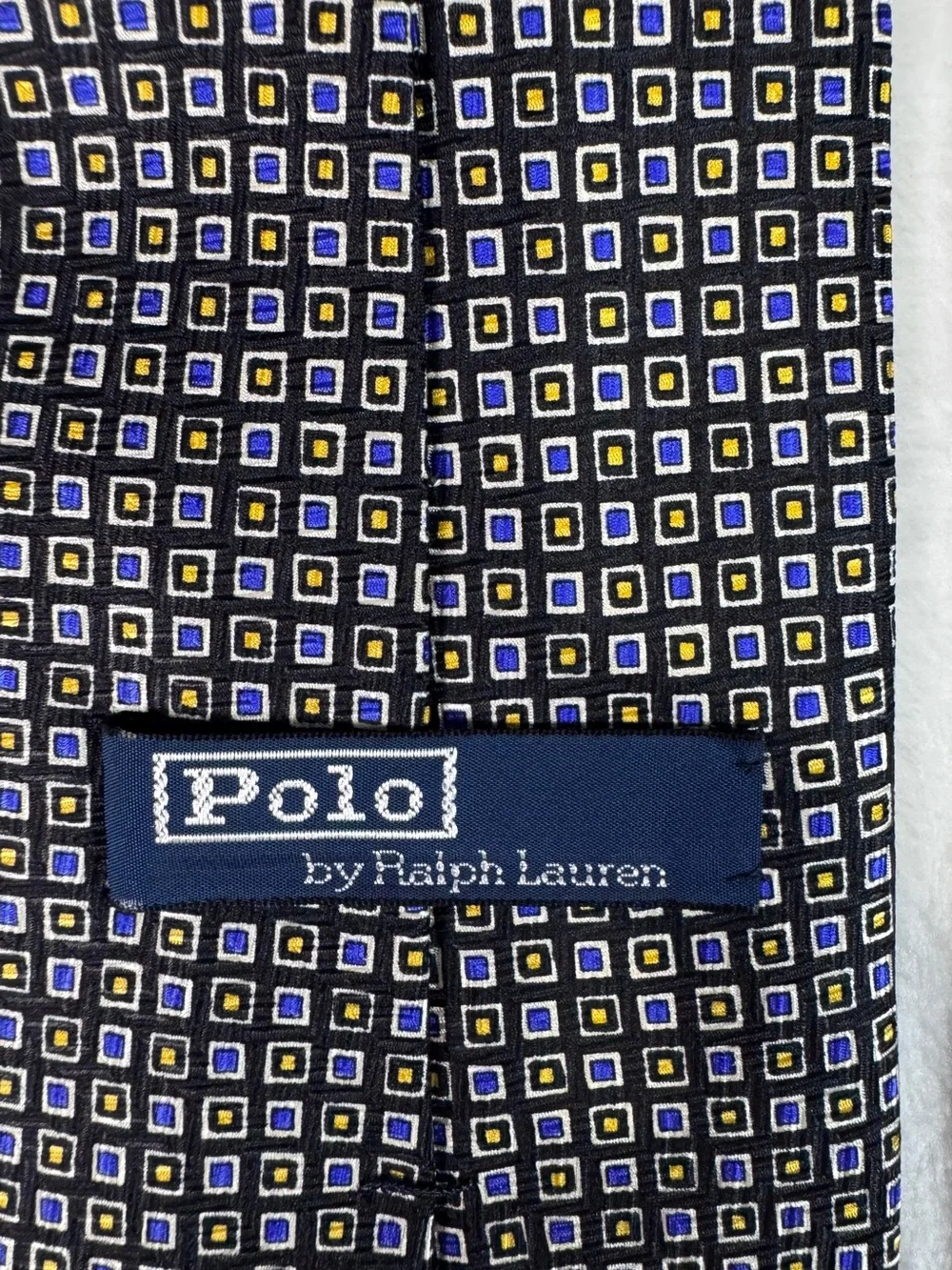 Polo Ralph Lauren Handmade Silk Necktie Blue Geometric Square Pattern Tie